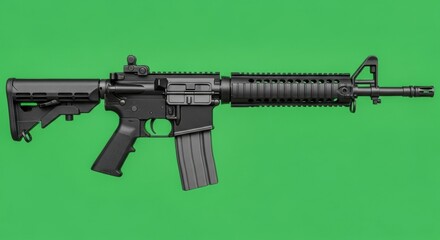 Black military rifle isolated on a green screen. Self defense weapon. Chroma key firearm background.