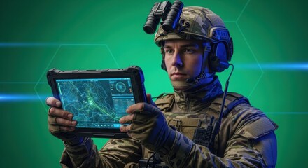 Male soldier using digital tablet with tactical map. Military man in camouflage uniform. Surveillance technology on green screen.