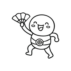 Joyful Kawaii Character with Fan. This cheerful doodle figure with a wide grin performs a spirited movement. It symbolizes delight, celebration, and playful festivity.
