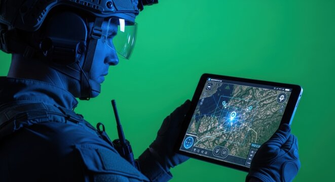 Soldier uses digital tablet with military navigation app on green screen. Army man with walkie talkie and tactical gear, chromakey concept.