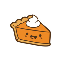Smiling Autumn Pie Slice. This adorable cartoon dessert wedge features a cheerful face, topped with sweet cream, symbolizing warmth and festive indulgence. Perfect for holiday themes.