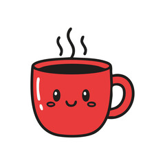 Happy Red Hot Beverage Mug Drawing. This adorable steaming crimson cup doodle conveys cozy warmth and cheer. Perfect for symbolizing delightful comfort and a joyful start.