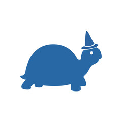 Whimsical Blue Tortoise Magic Icon. A delightful graphic of a patient reptile wearing a sorcerer's cap. It symbolizes serene wisdom, enchantment, and playful fantasy.