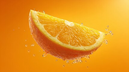 Floating slice of orange with juice droplets