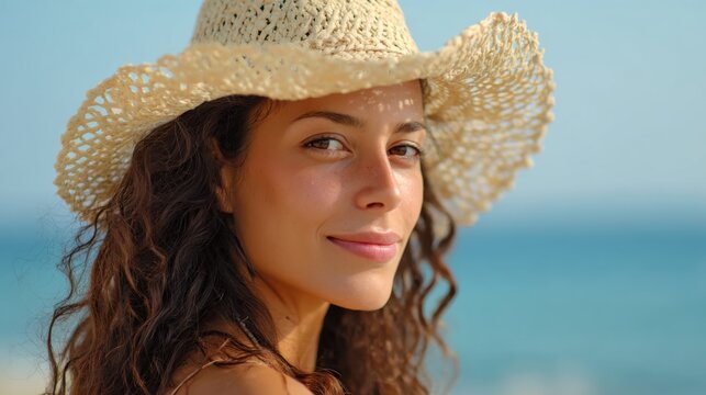 A woman with curly hair enjoys a sunny day at the beach. She wears a straw hat and smiles warmly at the camera with blue ocean waves in the background creating a relaxed atmosphere. - Powered by Adobe