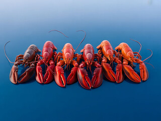 Five cooked red lobsters arranged in a row on bright blue background, seafood concept with copy...