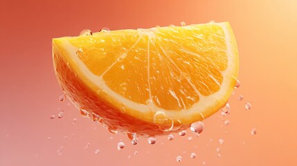 Floating slice of orange with juice droplets