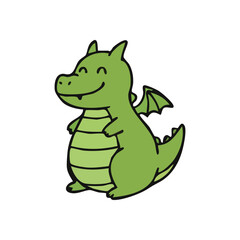 Friendly Green Cartoon Dragon. This cheerful illustration features a charming lime-hued mythical beast with a welcoming grin. It conveys innocence and playful adventure.