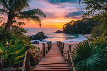 Tropical sunset beach with wooden boardwalk leading to the ocean
