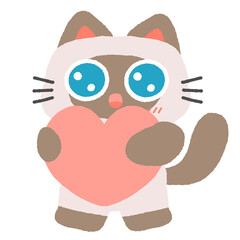 A Siamese cat is holding a pink heart