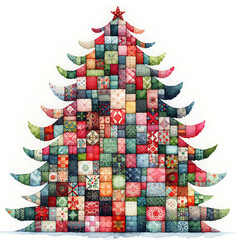 Patchwork christmas tree. Cute folk holiday colorful illustration isolated on white background