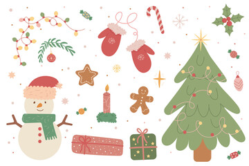 Set of Christmas hand drawn elements. snowman, garland, gifts, Christmas tree branch, Christmas tree, snowflakes, candle, holly, candy,  Santa's mitten. Vector illustration.