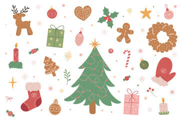 Set of Christmas hand drawn elements. Gingerbread, Xmas tree, bow, gift, candle, holly, candy, red socks, reindeer. Perfect for greeting cards, invitations. Vector illustration.