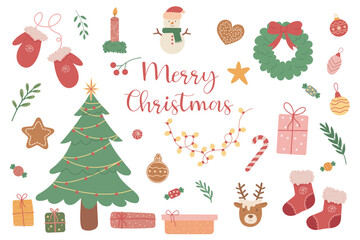 Cute set of Christmas hand drawn elements. Christmas tree, garland, bow, gift, candy, gingerbread, red socks, reindeer, wreath and gifts. Perfect for greeting cards, invitations. Vector illustration