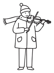 Young caucasian male playing violin in winter attire - line art drawing - stock vector
