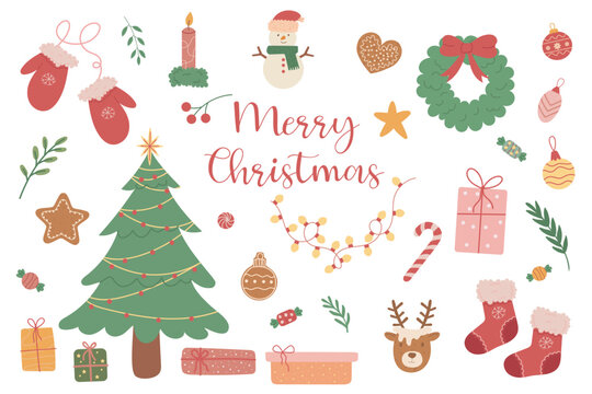 Cute set of Christmas hand drawn elements. Christmas tree, garland, bow, gift, candy, gingerbread, red socks, reindeer, wreath and gifts. Perfect for greeting cards, invitations. Vector illustration