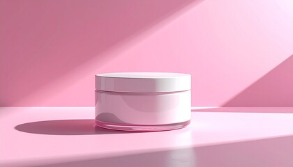 Cosmetic cream jar with blank label on pastel pink background, minimal mockup for skincare and beauty product branding.