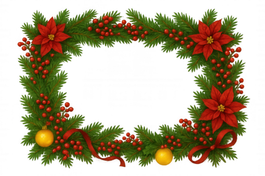 Christmas garland frame with poinsettias, red berries, gold ornaments, and ribbon, transparent background