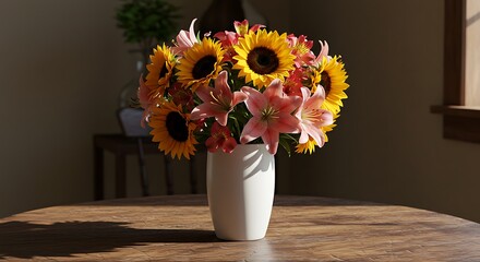 Sun-Drenched Still Life - A Radiant Bouquet of Sunflowers and Lilies in Dramatic Light.
