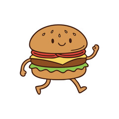 Joyful Hamburger Character Moving. This delightful fast food mascot bounds vigorously with a happy expression. It conveys active energy or a humorous approach to diet and fitness.