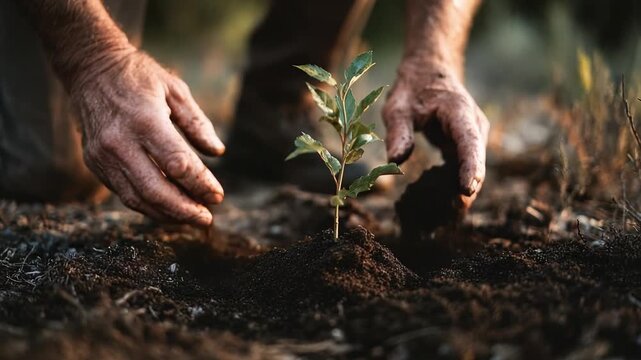 Two hands plant a small sapling into dark soil outdoors, carefully tucking it into the ground.