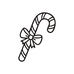 Classic Candy Cane Doodle with Ribbon. Charming outline illustration of a traditional striped sweet, adorned with a decorative bow, symbolizing festive cheer and seasonal delight.