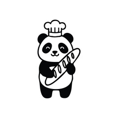Cute Panda Baker Carries Fresh Baguette. An endearing illustration featuring a smiling panda in culinary headwear, proudly presenting a long loaf of baked goods. It conveys joy and a love for food.