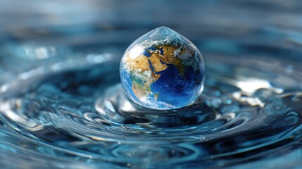A water droplet sits above a surface perfectly encasing a small globe depicting Earth. The droplet creates ripples in the surrounding clear blue water reflecting light beautifully.