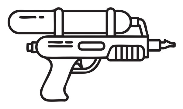 Black and white line art of water gun with large tank and trigger - stock vector
