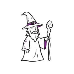 Ancient Sorcerer with Magical Staff. A whimsical drawing of a wise old magician holding his enchanted wooden stick. This mystical image symbolizes imagination and profound knowledge.