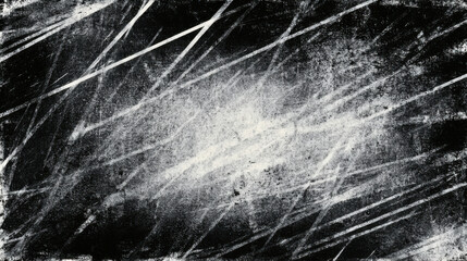 Chaotic heavy scratch and crosshatching grunge texture on black background. This white distressed grit pattern evokes sense of intense, raw artistic expression