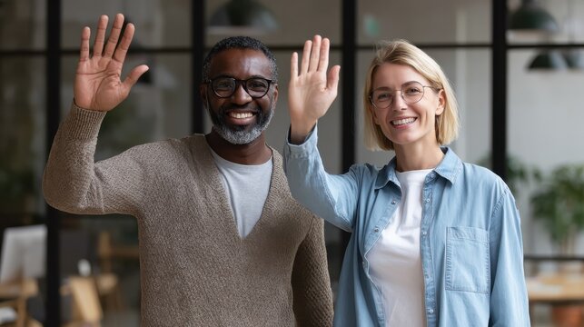 two happy friendly diverse professionals teacher and student giving high five standing in office celebrating success good cooperation result partnership teamwork and team motivation in office work no