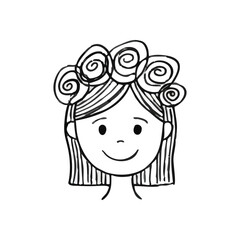 Whimsical Girl Floral Crown Art. A delightful hand-drawn sketch of a beaming young lady adorned with a charming flower-like headpiece. This simple art evokes innocence and joy.