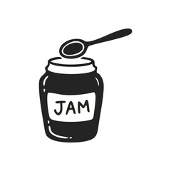 Sweet Fruit Preserve Jar and Spoon. Hand-drawn illustration of berry jelly in a glass container with a scoop, symbolizing comfort and homemade delights for breakfast.
