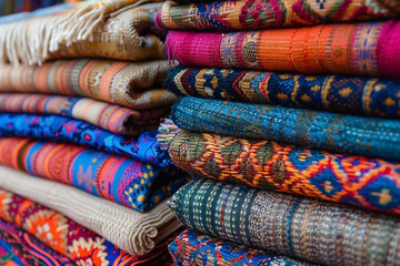Fototapeta premium Vibrant Stacks of Woven Textiles Showcasing Intricate Patterns and Rich Color Palettes