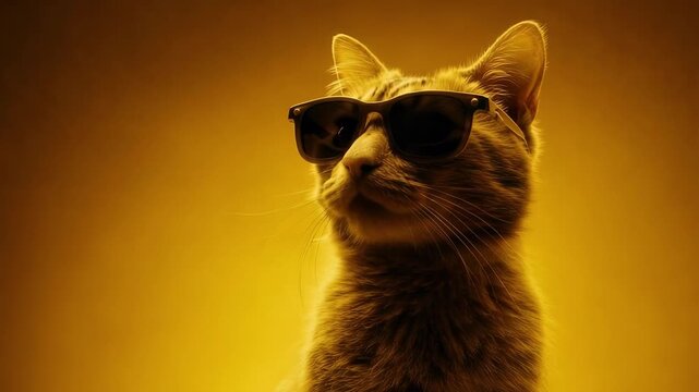 A stylish cat wearing sunglasses gazes up against a warm orange-yellow glow.
