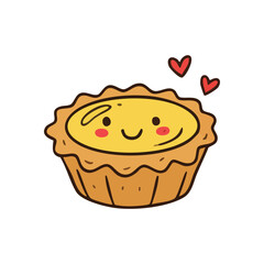 Joyful Custard Tart Kawaii Style. This adorable pastry illustration exudes warmth and happiness, featuring a smiling sweet treat surrounded by tiny heart symbols. Perfect for delightful designs.