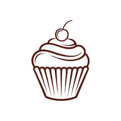 Sweet Cherry Cupcake Line Drawing. Charming baked confection featuring elegant icing and a juicy fruit topping. This simple outline evokes joy and deliciousness.