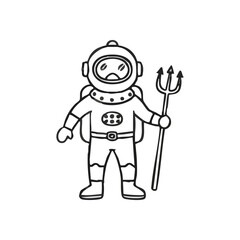 Fototapeta premium Retro Diver Character with Trident. Charming sketch portraying a classic underwater adventurer wielding a mythical three-pronged spear. Evokes ocean exploration, courage, and ancient legends.