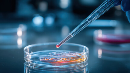 Focused scientist uses pipette to drop liquid into petri dish. This science laboratory research involves test and analysis for groundbreaking medical experiment
