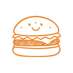 Happy Burger Doodle Illustration. Adorable hand drawn orange sandwich with a cheerful smile, symbolizing happiness and deliciousness. Ideal for casual dining.