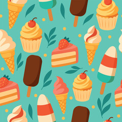 Vector seamless pattern of sweet desserts with strawberry cake slices, cherry cupcakes, vanilla muffins, ice cream, and cones on a blue background. Playful design for fabric, packaging, and wrapping