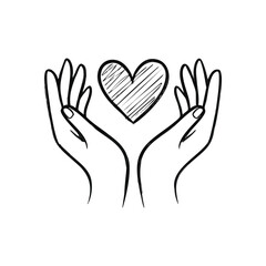 Caring Hands Embrace Love. This doodle illustrates tender human palms cradling a symbolic heart. It represents kindness, empathy, health, and profound affection.