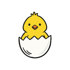 Adorable Baby Chick Hatching. A sweet yellow fledgling emerges from its broken shell. This illustration symbolizes new beginnings, innocence, and springtime joy.