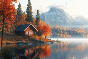 Fototapeta premium Autumn cabin near lake with mountains and forest reflection