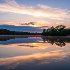 Obraz premium Serene Sunrise Over Calm Lake.