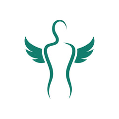 Human Body Wellness and Spirit Icon. Elegant contour of a person with delicate wings, conveying optimal physical vitality, inner peace, and holistic therapeutic care.