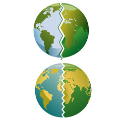 Minimalist poster vector of a globe half cracked and half glowing green, symbolizing access to mental health services worldwide.