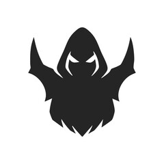 Dark Hooded Entity Silhouette. A haunting black cloaked figure with menacing glowing eyes on a pure white background. It conveys mystery, power, and the supernatural.