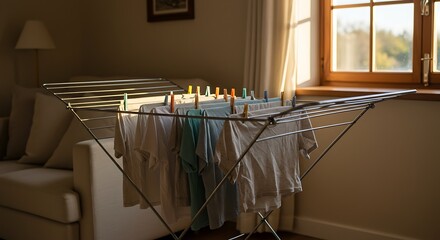 Sunlight-Drenched Laundry Rack with Colorful Clothespins, Home Interior Scene.